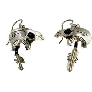Navajo Signed Sterling Silver Black Onyx Spirit Bear Dangle Earrings | Nel J.